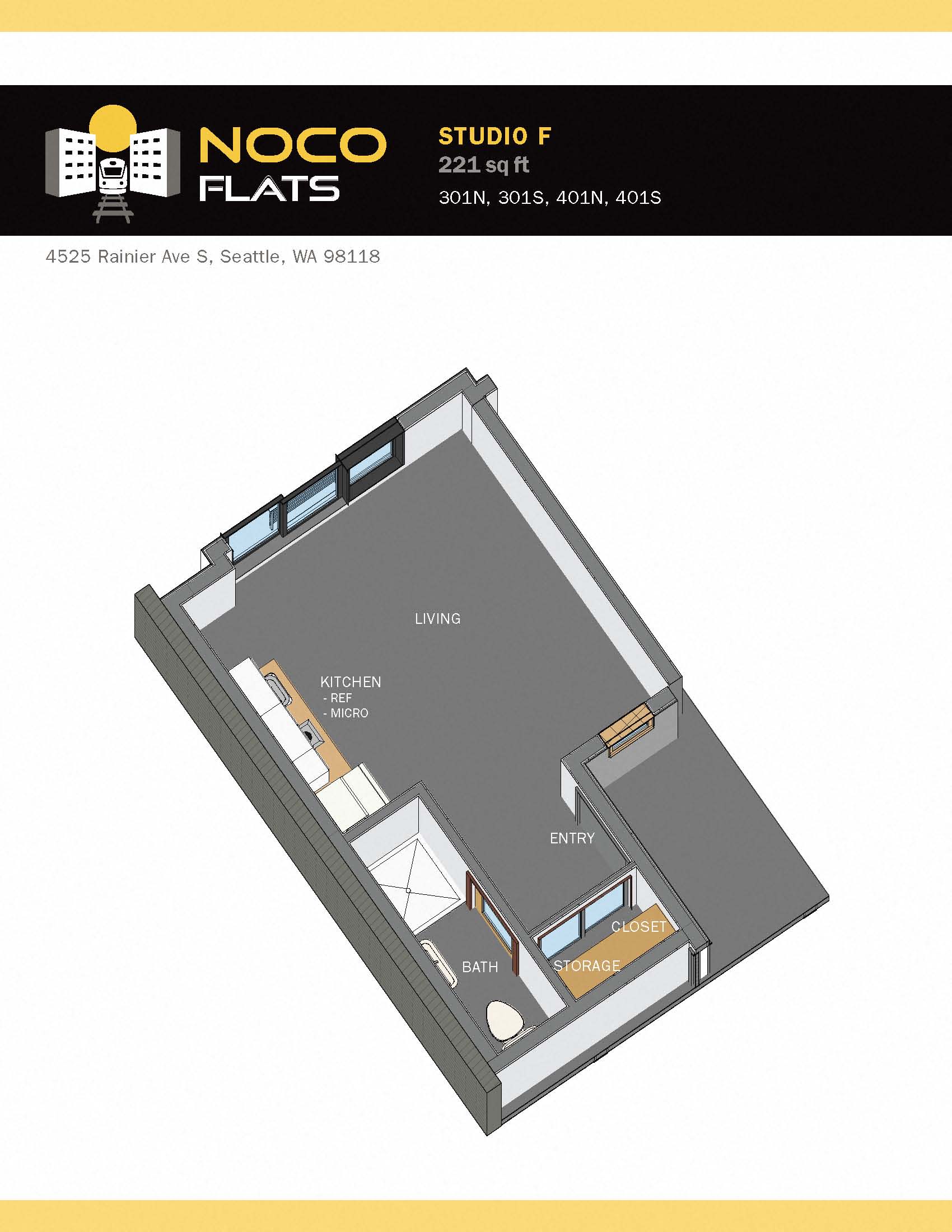 Floor plan for studio, 1 bath, 221 sqft
